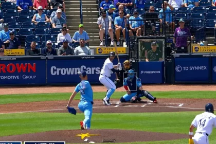 Baseball game in action at stadium